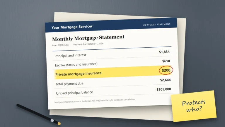 Illustrated monthly mortgage statement on a desk with the $200 private mortgage insurance line highlighted and a sticky note asking "Protects who?