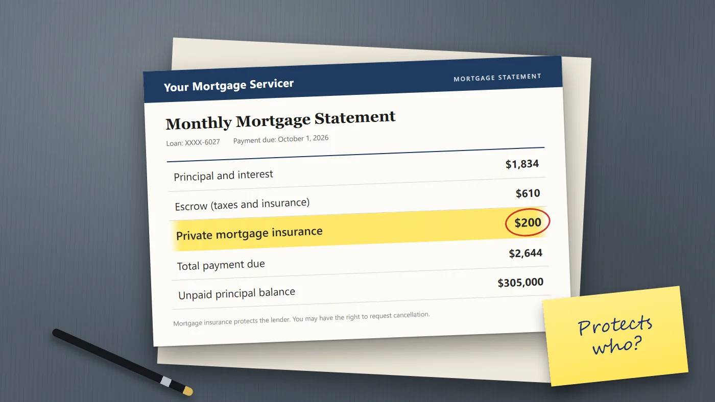 Illustrated monthly mortgage statement on a desk with the $200 private mortgage insurance line highlighted and a sticky note asking "Protects who?