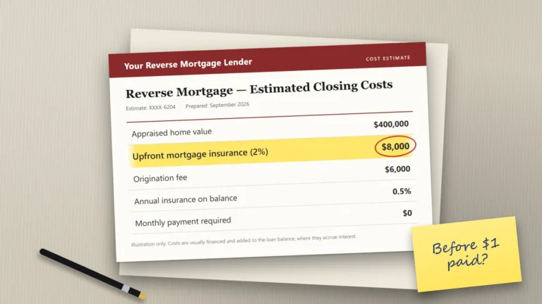 A reverse mortgage cost estimate on a desk with the line "Upfront mortgage insurance: $8,000" highlighted and a sticky note reading "Before $1 paid?".