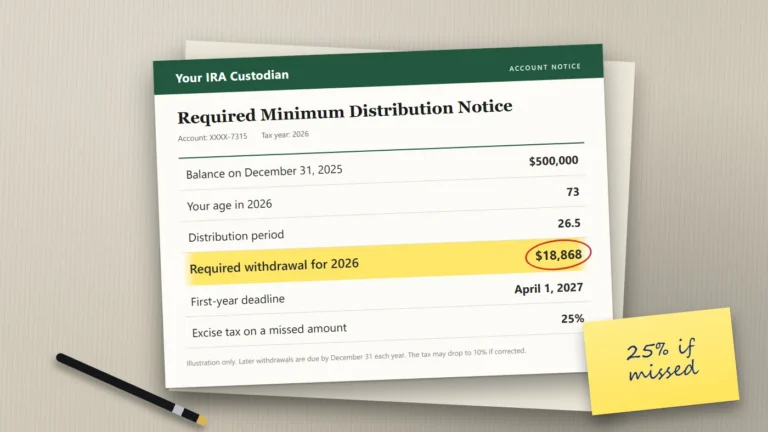 — A retirement account notice on a desk showing a required withdrawal of $18,868 for 2026, with a sticky note reading "25% if missed".