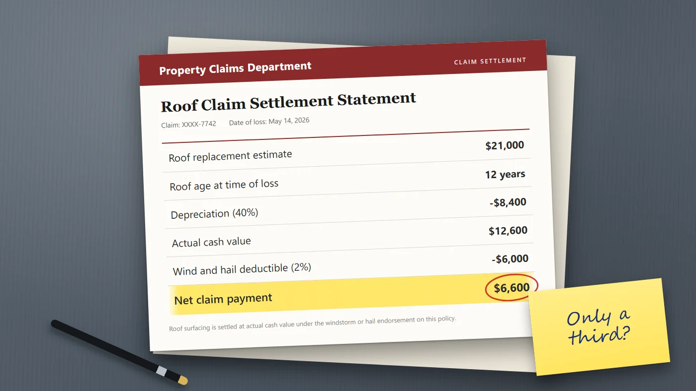 Illustrated roof claim settlement statement on a desk showing a $21,000 roof estimate reduced by depreciation and a deductible to a $6,600 payment.