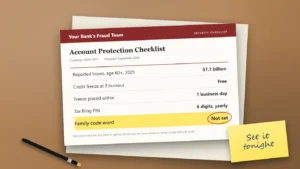 — A security checklist on a desk showing a credit freeze at three bureaus marked free, next to a line citing $7.7 billion in reported fraud losses for people over 60.