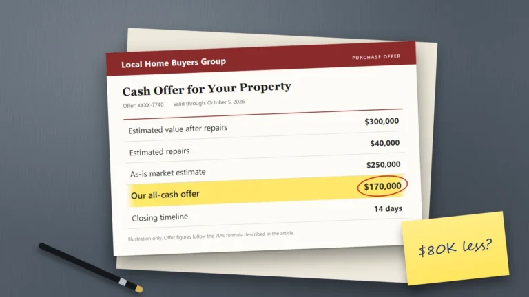A cash purchase offer letter for a house on a desk, with the offer line of $170,000 highlighted next to an estimated market value of $250,000 and a sticky note reading "$80K less?