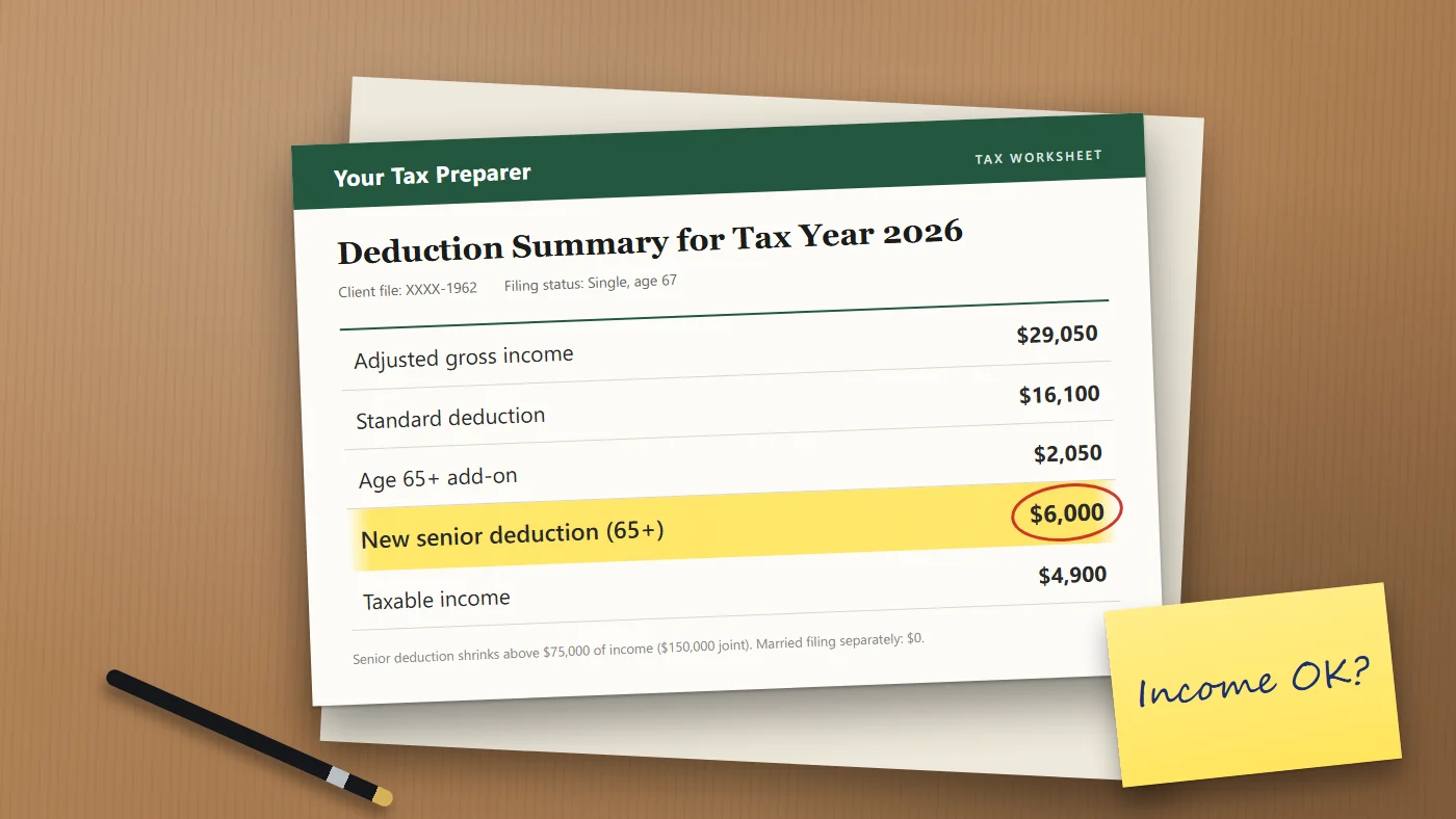 A tax deduction worksheet on a wooden desk with the line "New senior deduction (65+) $6,000" highlighted and a sticky note asking "Income OK?