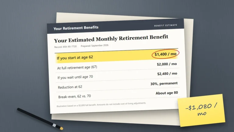 A retirement benefit estimate on a desk showing monthly amounts of $1,400 at age 62, $2,000 at age 67 and $2,480 at age 70, with the age 62 amount circled.