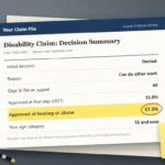 — A disability claim status letter on a desk showing an initial decision of "Denied" and an appeal deadline of 60 days, with a sticky note reading "hearing: 57.5%".