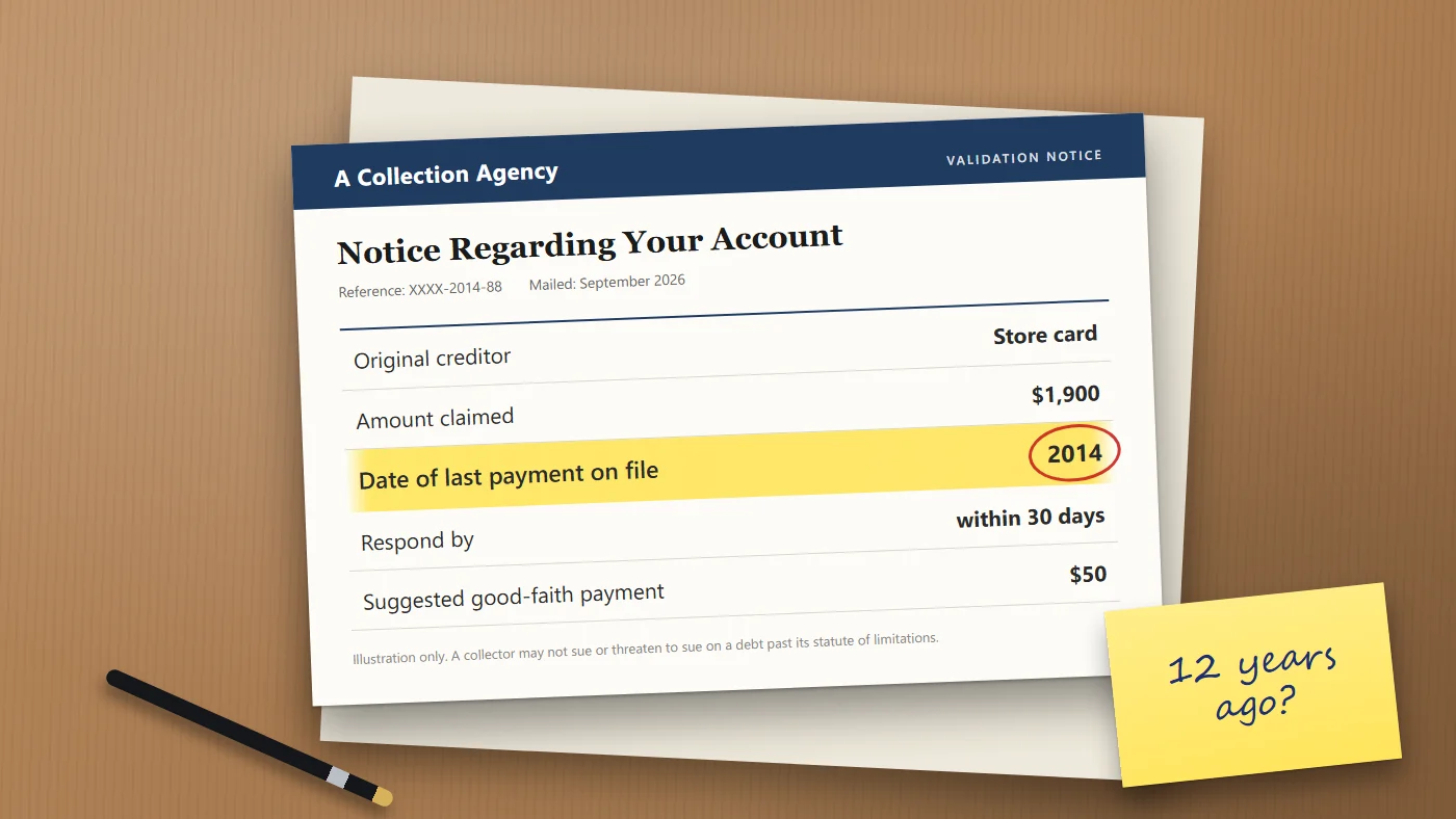 A debt collection validation notice on a desk with the date of last payment highlighted and a sticky note asking whether the debt is past its statute of limitations.
