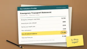 Illustrated ambulance transport bill on a desk with the out-of-network balance line highlighted and circled