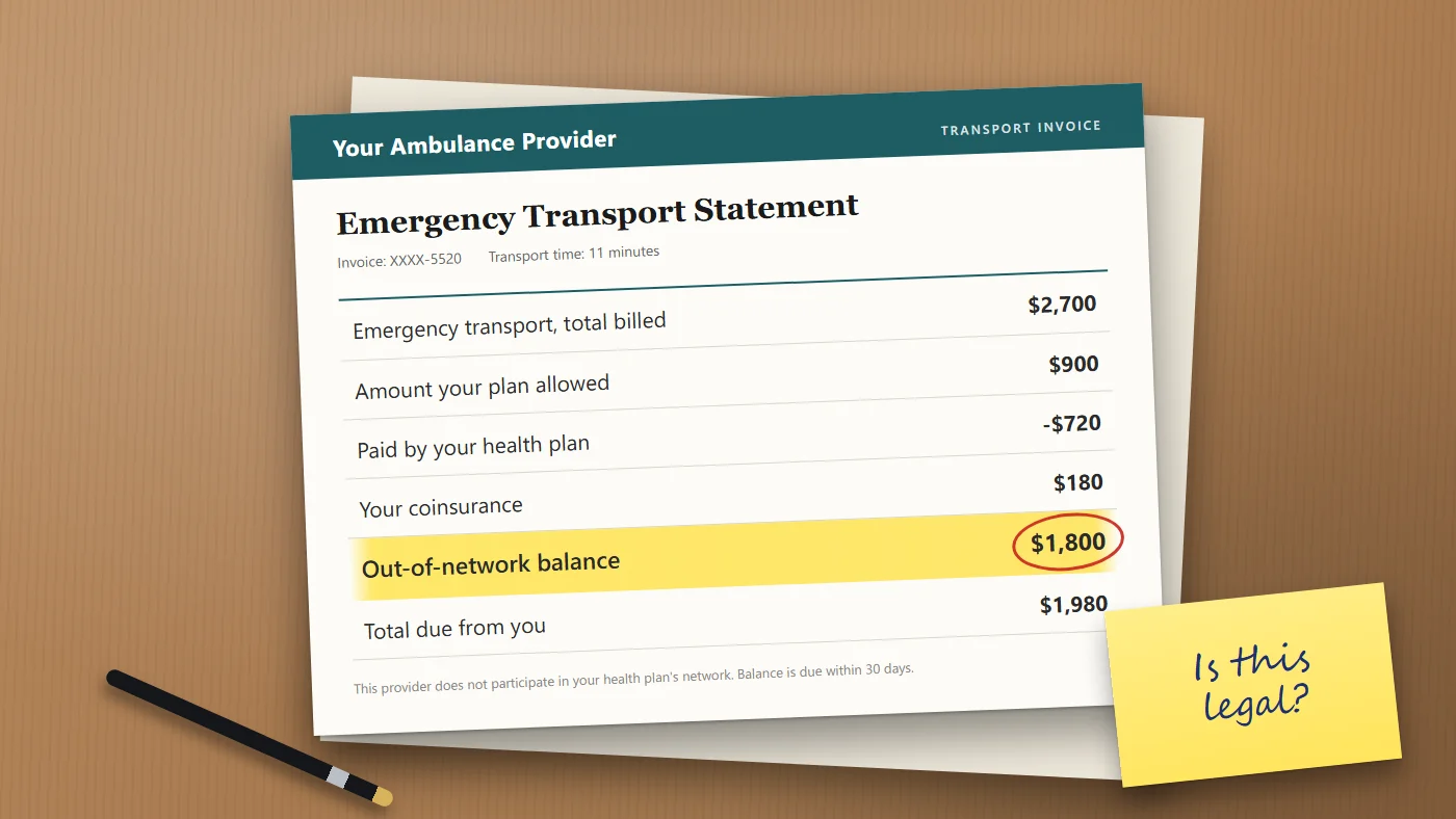 Illustrated ambulance transport bill on a desk with the out-of-network balance line highlighted and circled