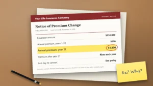 A life insurance renewal notice on a wooden desk showing the annual premium rising from $600 to $4,800, with the new premium line highlighted and a sticky note reading "8x? Why?