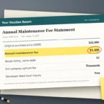— A timeshare maintenance fee statement on a desk showing an annual fee of $1,400 and a resale listing value of $1, with a sticky note reading "Call the developer first".