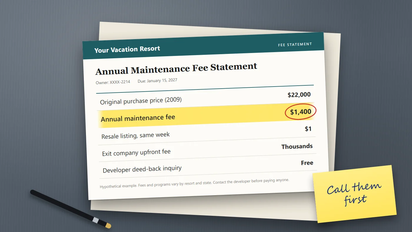 — A timeshare maintenance fee statement on a desk showing an annual fee of $1,400 and a resale listing value of $1, with a sticky note reading "Call the developer first".