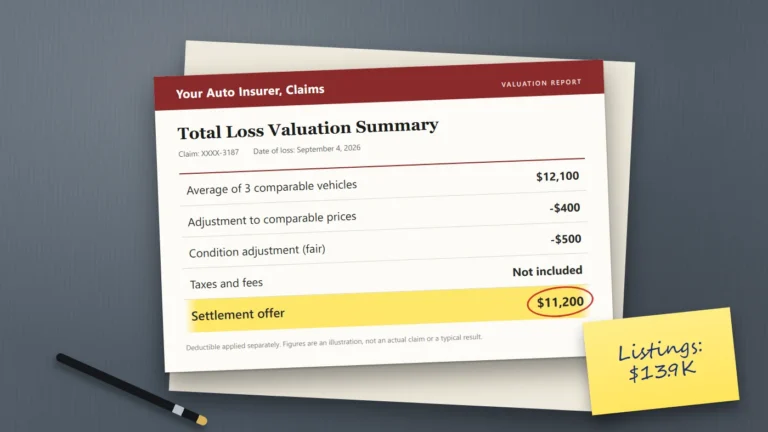 Illustrated total loss valuation report on a desk showing a settlement offer of $11,200 highlighted, with a sticky note reading "Listings: $13.9K".