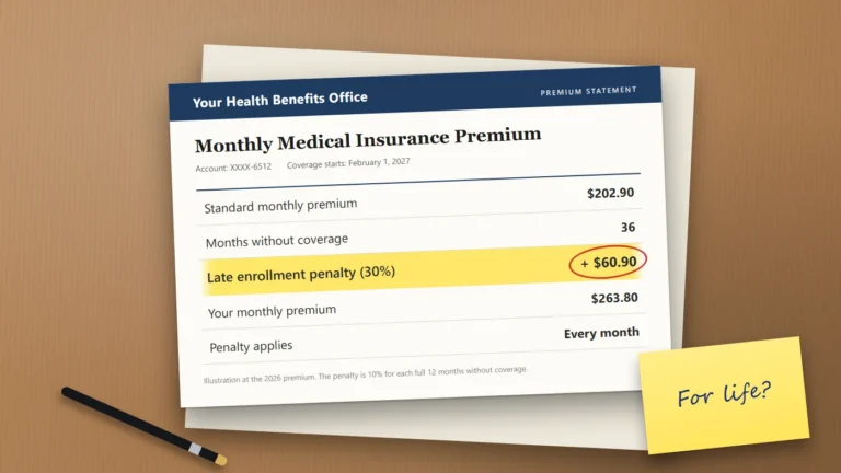 A premium statement on a desk showing a standard Part B premium of $202.90, a 30% late enrollment penalty of $60.90, and a circled monthly total of $263.80.