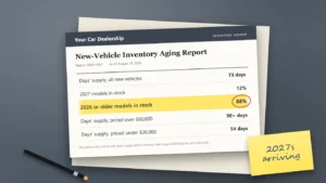 A dealer inventory aging report on a desk with the line "2026 or older models in stock: 88%" highlighted and a note reading "2027s arriving".
