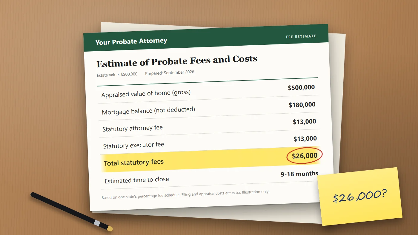 Illustration of a probate fee estimate for a $500,000 estate with the total of $26,000 in statutory fees highlighted