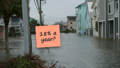 A flooded street lined with raised beach houses after a storm tide, with a sticky note reading “18% a year?”.