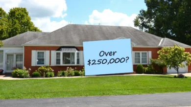 A red-brick ranch house with white shutters behind a wide green lawn, with a sticky note reading “Over $250,000?”.
