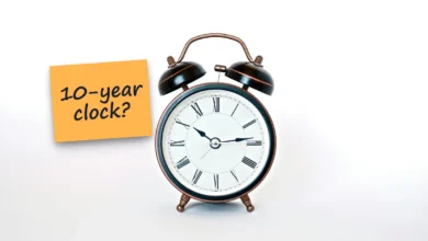 A black vintage alarm clock on a white background, with a sticky note reading “10-year clock?”.